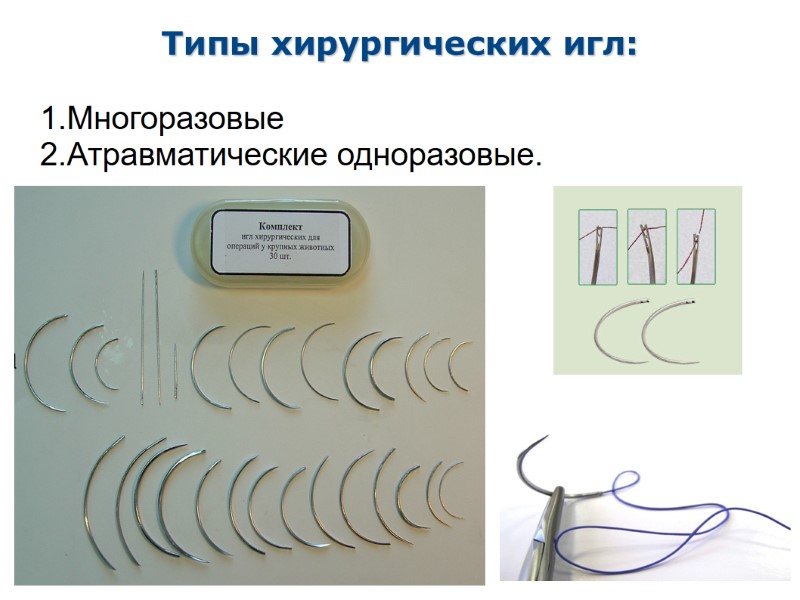 Типы хирургических игл:  1.Многоразовые  2.Атравматические одноразовые.